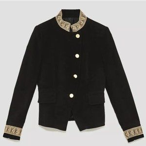 Zara Black Velvet Military Blazer Jacket With Gold Buttons